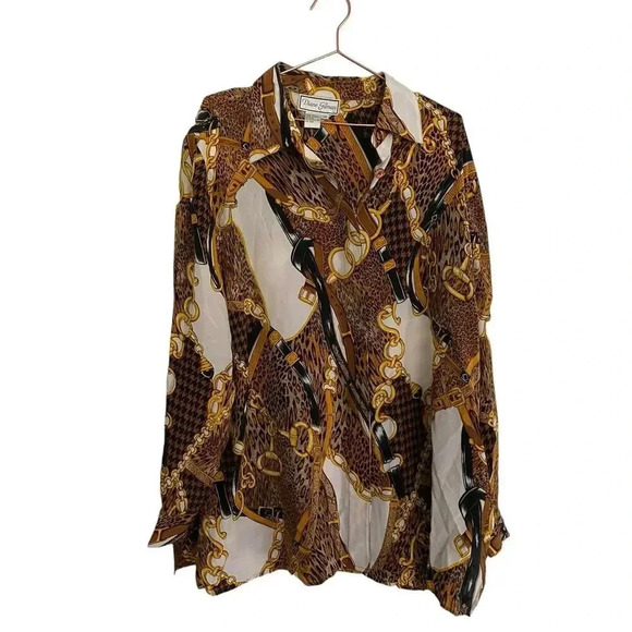 Diane Gilman Brown & Cream 100% Silk Long Sleeves Button Down Shirt Size 2X - Picture 1 of 4